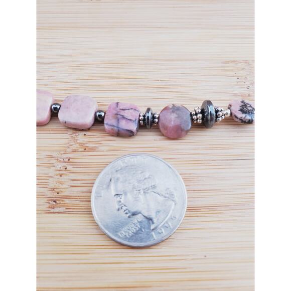Sterling Silver Pink Marble Hematite Bead Bracelet XL Adjustable - Picture 6 of 6
